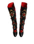 Dolce & Gabbana Black Roses Embellished Leather Heel Boots Shoes